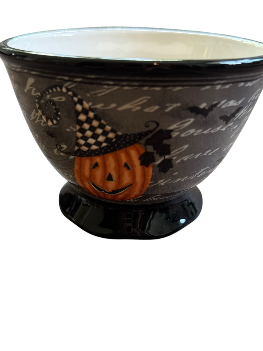 Lori Harlequin Halloween Footed Bowl Orange, Black and Gray Pumpkin Folk Art